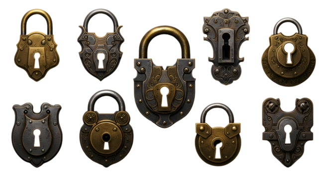 Illustration Of Ornate Metal Locks In Gold And Gray Color on Transparent Background