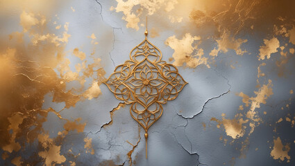 A golden ornamental shape with detailed floral and geometric carvings stands out against a cracked, aged background