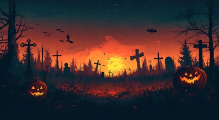 Spooky Halloween graveyard scene with glowing pumpkins and bats at sunset cemetery jack o lantern