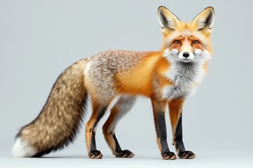 Fototapeta premium Alert red fox with bushy tail and golden eyes