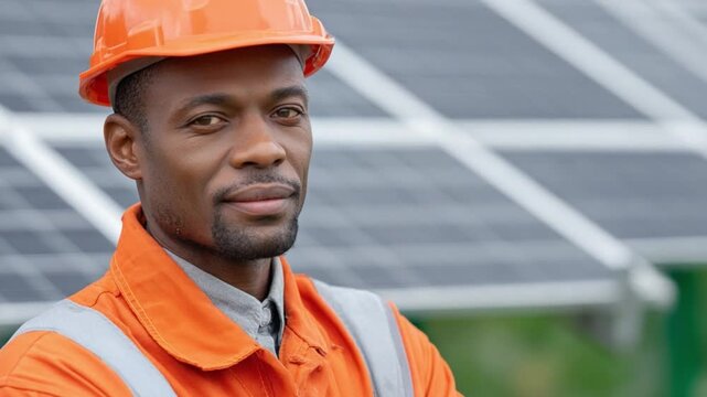 Solar Energy Technician Portrait: A focused technician, clad in orange workwear and protective headgear, stands confidently against a backdrop of solar panels.