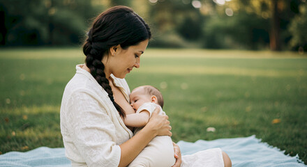 Mother breastfeeding baby peacefully on blanket in green park  