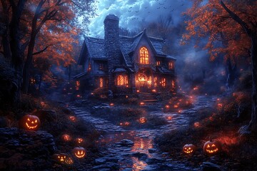 Spooky Halloween house with glowing jack-o-lanterns in a dark forest haunted house pumpkin
