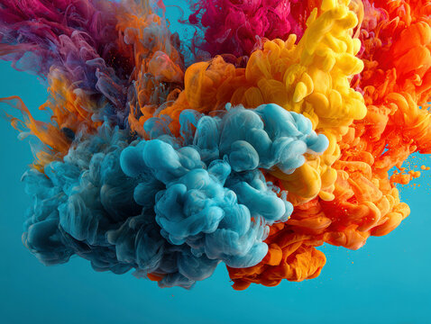 Close-up of vibrant, dispersed ink droplets in motion against a pale blue backdrop Abstract, surrealist composition with bright colors red, yellow, green, blue - AI-Generated