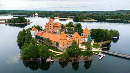 Aerial view of a castle on a small island in a lake