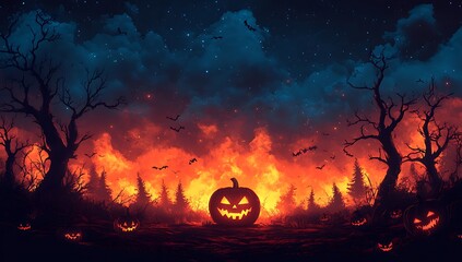 Spooky Halloween night with glowing jack o lanterns and bats flying pumpkin