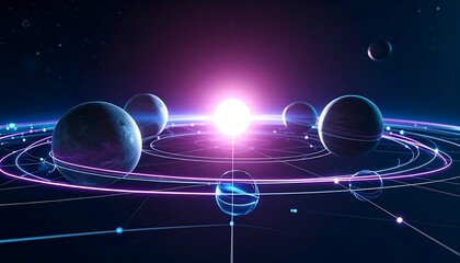 Futuristic planets orbiting a bright star with neon rings and connecting lines in deep space