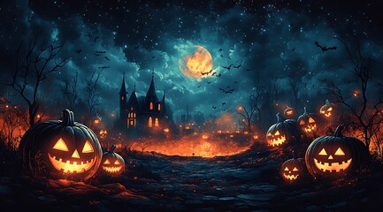 Spooky Halloween night with glowing jack o lanterns and haunted castle pumpkin 1