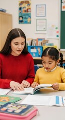 Fototapeta premium Young student and teacher reading a book together in a classroom