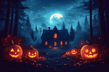 Spooky Halloween night with glowing jack o lanterns and haunted house pumpkin 2