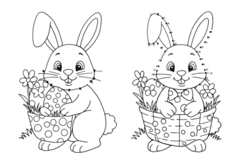 Illustration Of Two White Rabbits With Flowers In Baskets On Transparent Background
