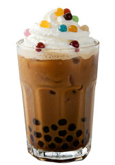 Iced Coffee Drink With Whipped Cream And Boba Isolated On Transparent Background