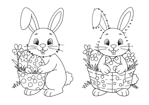 Illustration Of Two White Rabbits With Flowers In Baskets On Transparent Background