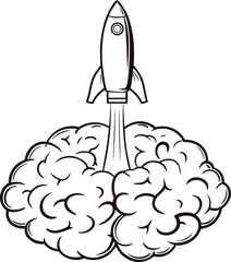 Rocket launching from brain outline vector symbolizing creativity and innovation