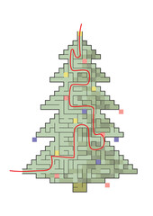 Complex maze puzzle game. Christmath tree as a labyrinth No.3 with way. Puzzle for Christmas or New Year holiday. EPS 10, vector illustration