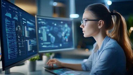 Digital World Explorer: A focused, analytical professional navigates a complex digital interface. Surrounded by monitors displaying intricate data. Evokes themes of technology, innovation. - Powered by Adobe