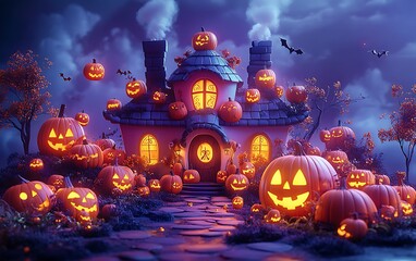 Spooky Halloween night with glowing jack-o-lanterns and haunted house pumpkin