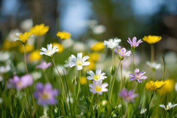 Fototapeta premium Spring flowers blooming in wild meadow 