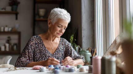 Elderly woman engaged in crafting at home near window for creative relaxation,National Sewing Month