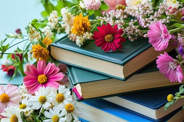 Aesthetic books arranged with colorful fresh flowers, emphasizing the beauty of education. 
