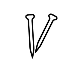 A simple outline icon of two nails, ideal for websites/blogs about construction, hardware, DIY, home improvement, fastening, or tools