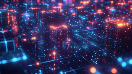 Fototapeta premium Futuristic cityscape of glowing cubes connected by digital lines.