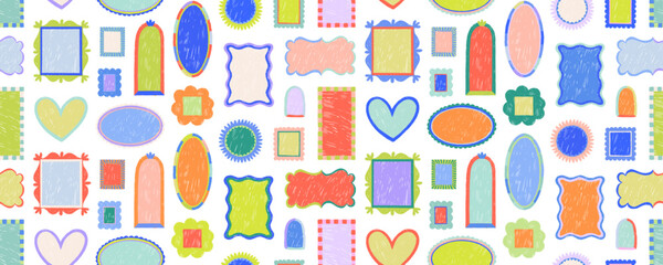 Seamless pattern with colorful picture frames. Crayon drawn curved boarders.