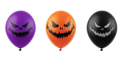 Set of Halloween balloon grinning. Realistic Halloween balloon with scary smile on transparent background. PNG