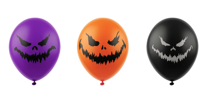 Set of Halloween balloon grinning. Realistic Halloween balloon with scary smile on transparent background. PNG