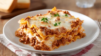 Plate of lasagna with cheese and meat