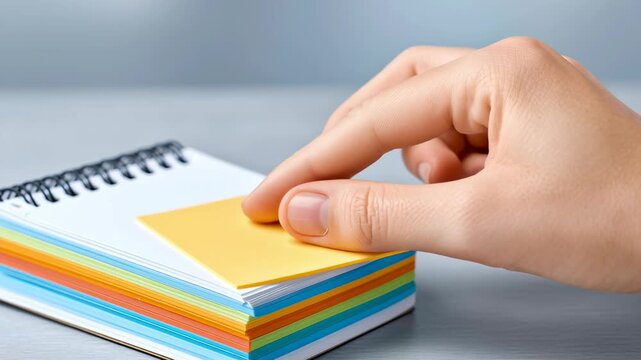 focus and discipline, A hand holding a yellow sticky note above a colorful stack of sticky notes and a spiral notebook on a desk.
