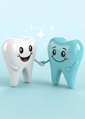Happy cartoon tooth characters shaking hands on a bright blue background representing excellent dental hygiene and oral health awareness
