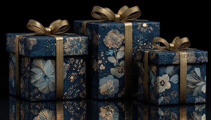 Three navy blue gift boxes, adorned with gold floral patterns and ribbons, sit on a dark surface
