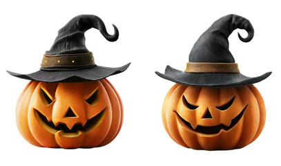 Halloween pumpkin wearing witch hat on transparent background, Cutout, PNG