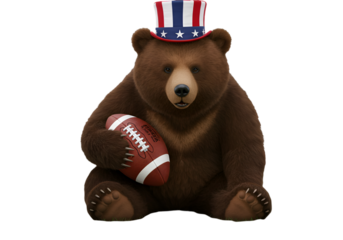 Illustration of a Brown Bear Wearing Patriotic Hat Holding Football