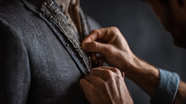 Tailoring precision: hands crafting a bespoke suit on mannequin,National Sewing Month - Powered by Adobe