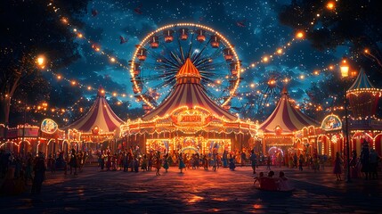 A whimsical, vintage circus tent and a glowing Ferris wheel at night, with string lights and a starry sky, evoking a magical, old-time carnival atmosphere