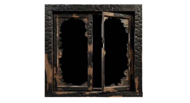 Isolated Abstract Burned Window With Broken Glass On Transparent Background