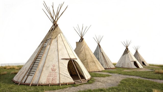 A row of teepees stand on a grassy field under a bright sky showing native american heritage site