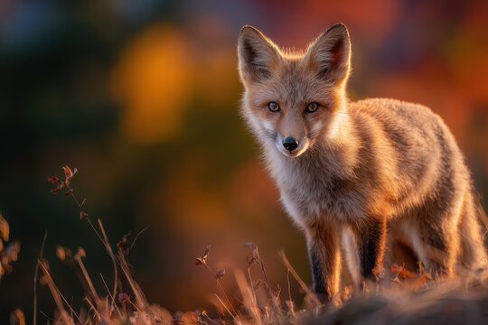 Young red fox vixen foraging in autumn sunlight