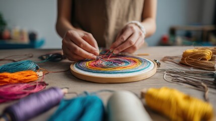Creative embroidery craft with colorful threads on hoop for artistic inspiration,National Sewing Month