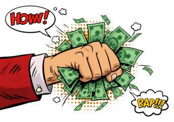 Illustration Of A Hand Gripping Money With Speech Bubbles On Black Background