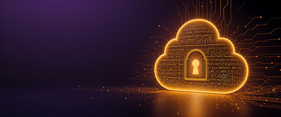 Abstract pop up cyber protection 3d digital lock which created by millions of tiny golden glowing particles connected by glowing lines, in a solid minimalist dark purple gradient texture background, w