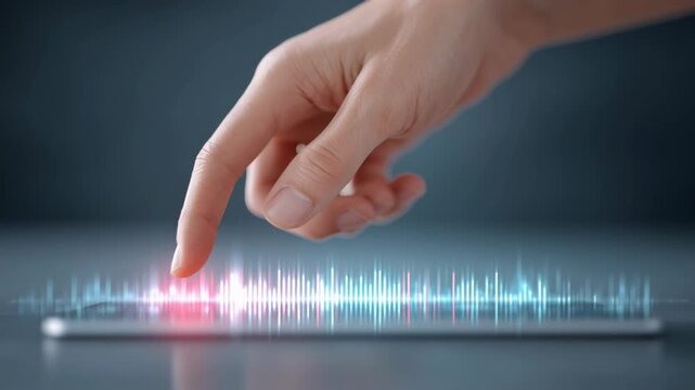 focus and discipline, A hand interacts with a digital soundwave interface on a touchscreen device, suggesting voice command or sound technology.