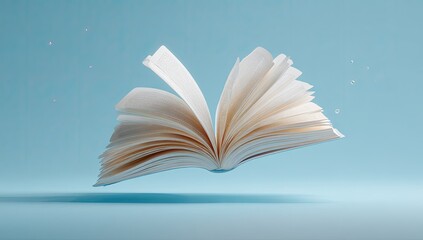 Open book floating in air against a light blue background