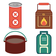 Camping Essentials Vector Art Illustration Featuring Can, Lantern, Pot, and Bag