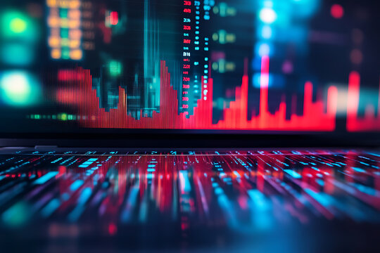 Abstract digital data visualization with neon lights and reflections - Powered by Adobe