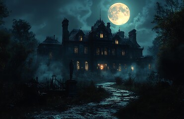 Spooky Victorian mansion with full moon and misty path at night haunted