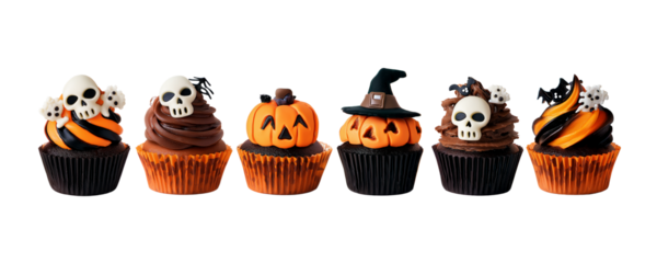 Halloween Cupcake muffin with icing frosting topping of witch hat, Jack O Lantern, spider, skull on transparent cutout PNG file.