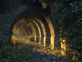 Abandoned Roman aqueduct overgrown with vegetation and illuminated by soft evening light 